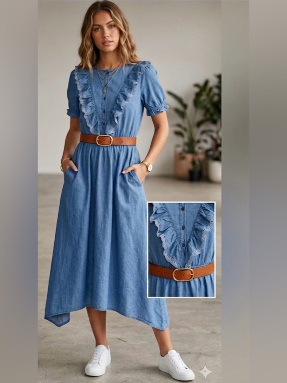 Sweet Salt Denim Dress 4 Small Midi Pockets Ruffle 90s Style Lace Detail